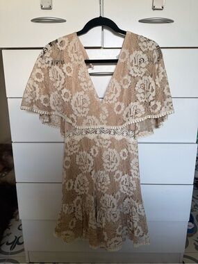 Selfie Leslie Beige Dress with Ivory Lace Overlay